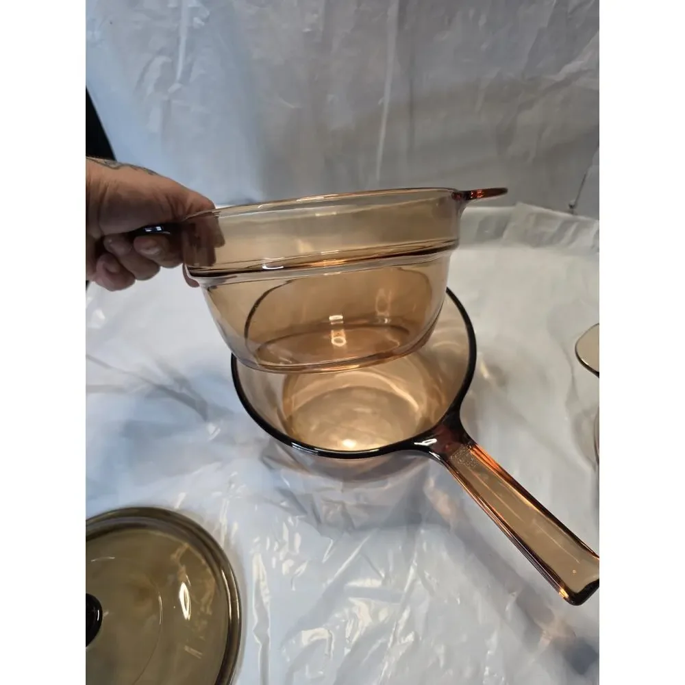 Corning Vision Ware Amber V-20-B Double Boiler x2 w 1.5 L Pot Lid V 1.5 C Pyrex